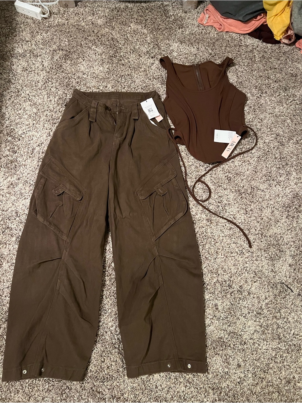 Wide-Leg Cargo Pants & Ribbed Bodysuit Set in Dark Brown